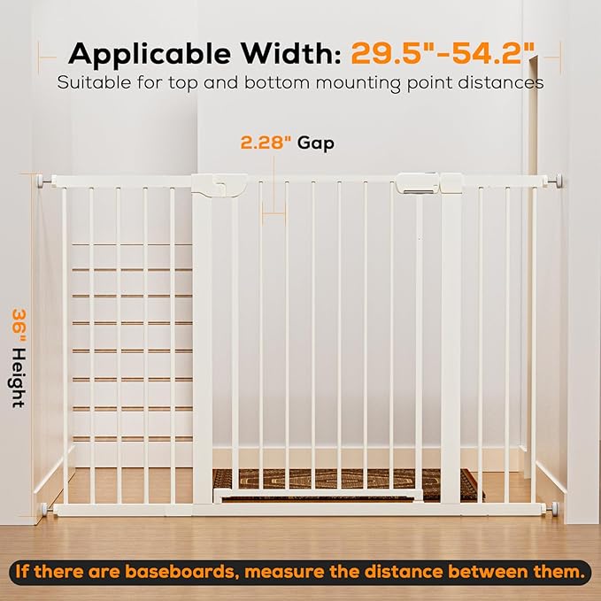 29.5-54.2" Baby Gate for Stairs, Baby Safety Essentials, Auto Close Gate for Doorways, Easy Install Pressure Mounted Dog Gate Indoor, Pet Gates for Dogs, White