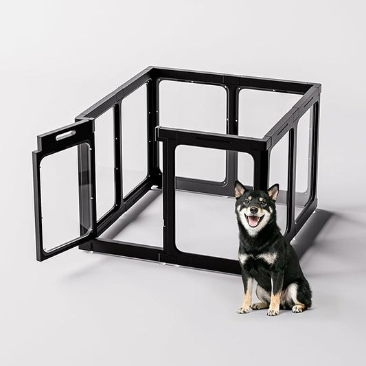 Jalove Acrylic Dog Playpen Indoor, 8 PCS Plastic Puppy Playpen with Door, Clear PlayPen for Dog Cat Rabbit Ferret, Easy Assemble Pen, Preferable Small Cage, Black, 33.5" L x 33.5" W x 24" H