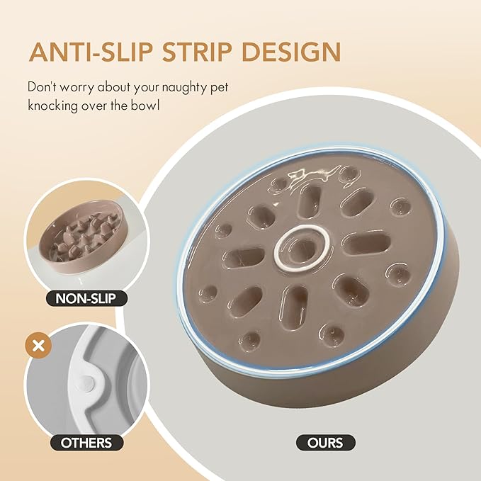 Ceramic Raised Slow Feeder Dog Bowl Set, Elevated 7.3inch Bowl and 8.2inch Slow Pet Food Dish with Wooden Stand for Medium and Large Dog (2 x Brown Coffee+ Stand)