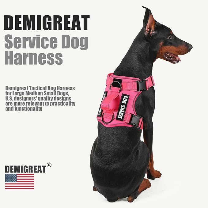 Demigreat Service Dog Harness, Reflective Dog Vest Harness with 5 PCS Patches, Adjustable Soft Oxford Pet Harness, Inner Layer Mesh, Easy to Control for Small Medium Large Dogs, HotPink