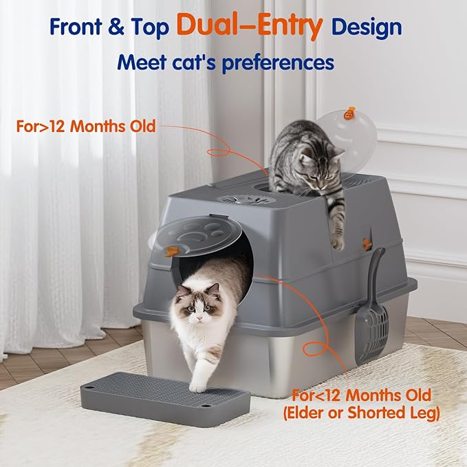 Front & Top Entry Stainless Steel Litter Box with Lid,Cat Litter Box Enclosure,Extra Large Enclosed,Non-Sticky Metal Pan,Anti-Leakage,Odor Control,Easy Clean,Covered for Indoor Cats,Includes Scoop Set