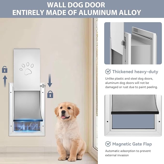 [Petoasis] Heavy Duty Aluminum Dog Door with Lock,3 Flap Insulated Doggie Doors with Installation Manual,Durable and Rust Resistant, Patent: USD1057087S, (Silvery White, Large for Wall)