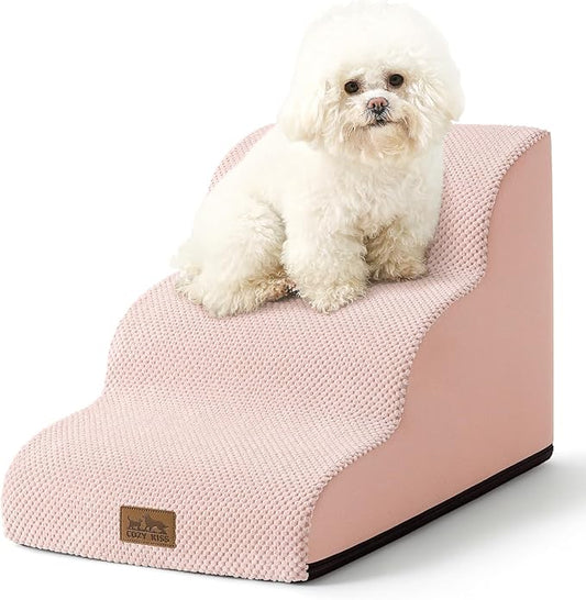 Dog Stairs for Small Dogs 15.7" H, Curved Dog Step for Puppy, Older Cat, Medium Pet Ramp for Sofa, Couch or Chair, Ladder with High Density Foam, 3 Step, 15.7x22.4x15.7 inch, Pink