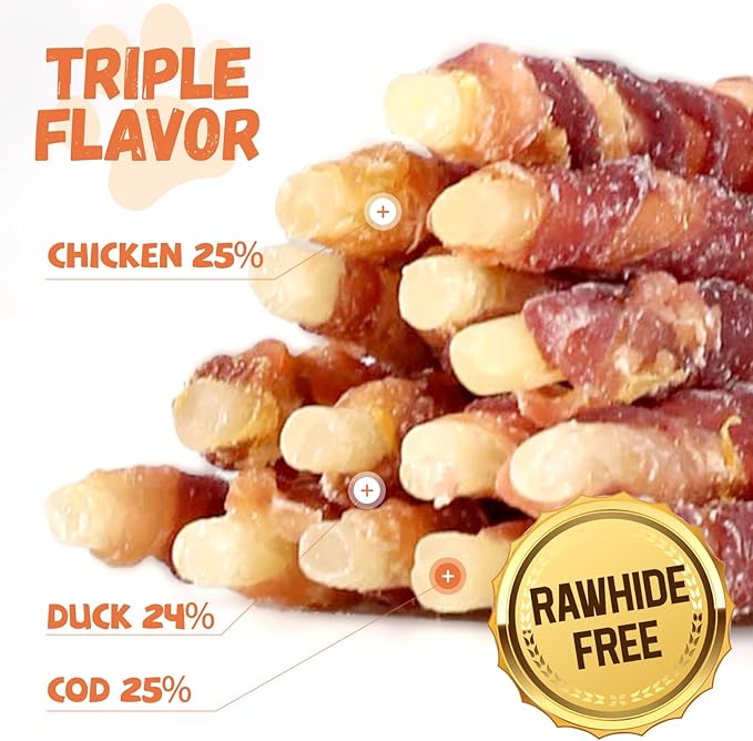 Triple Flavor Dog Treats, Chicken Duck Wrapped Cod Sticks, Rawhide-Free Grain-Free Soft Chewy Treats Natural Ingredients, Training Snacks for Small Medium Large Dogs, 15-17 Counts, 10.6oz
