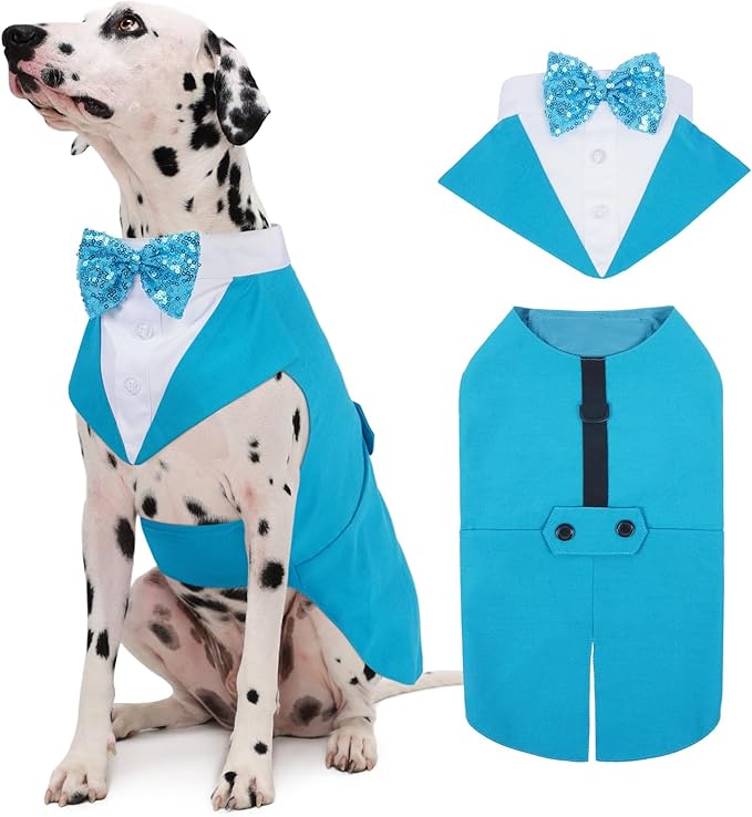 Kuoser Dog Tuxedo for Large Dogs, Pet Wedding Outfit with Bow Tie, Dog Suit and Bandana Set Formal Dogs Tux Pet Costume Halloween Christmas Outfit for Birthday Party Cosplay