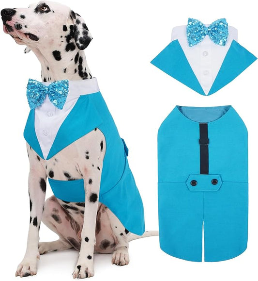 Kuoser Dog Tuxedo for Large Dogs, Pet Wedding Outfit with Bow Tie, Dog Suit and Bandana Set Formal Dogs Tux Pet Costume Halloween Christmas Outfit for Birthday Party Cosplay