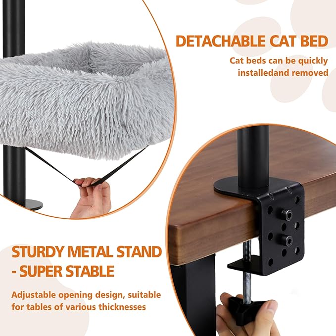 Large Cat Desk Bed - 360°Rotating Height Adjustable, Soft Removable Desk Cat Bed, Suitable for Gaming Desks and Office Desks, Maximum Weight Capacity Up to 35 lbs