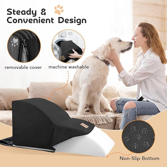 Mestuel Extended Dog Stairs for Small Dogs, Pet Stairs to Couch Sofa Bed, Pet Stairs Steps Longer Slope, Dog Ramp with High Density Foam &Washable Cover, Black