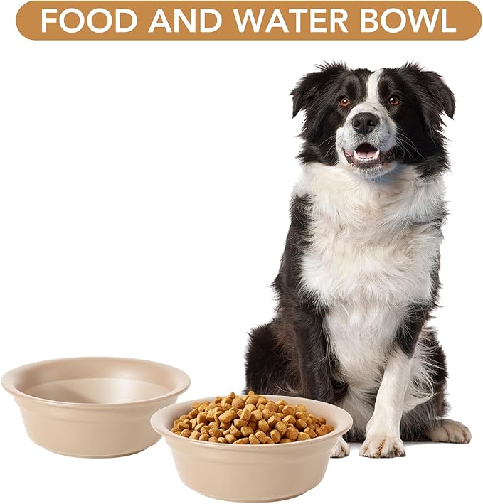 Ceramic 7.1inch Set of 2 Dog Bowls for Medium and Large Dogs, 2pcs Basic Food and Water Dishes for Replacement, Wide Opening Rounded Edge(2 Bowls, Oat Beige)