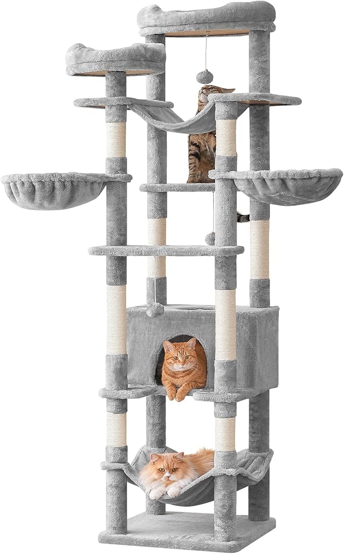 77-Inch Tall Cat Tree for Indoor Cats, Multi-Level Large Cat Tower with 4 Hammocks, 2 Padded Perches, Cat Condo, Sisal Scratching Posts and Hanging Toys for Large Adult Cat, Light Grey