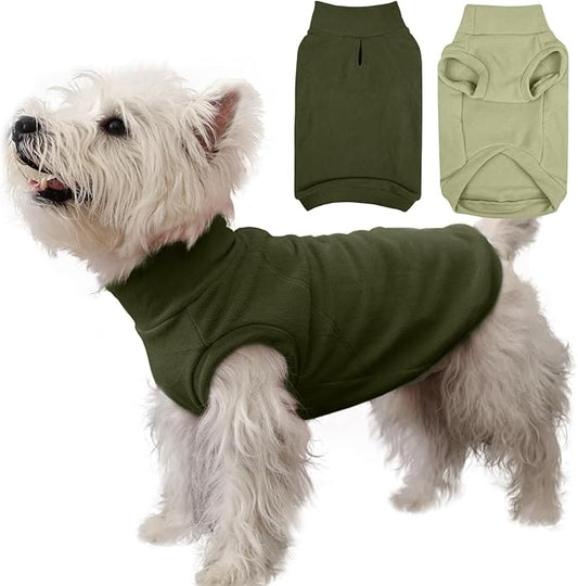 IECOii 2 Pack Fleece Sweaters for Dogs Boy Girl - Warm & Stretchy, Fall & Winter Coats for Small Breeds, Soft & Cozy Dogs Fleece Sweaters for Indoor Outdoor(Size M, Light Green & Army Green)
