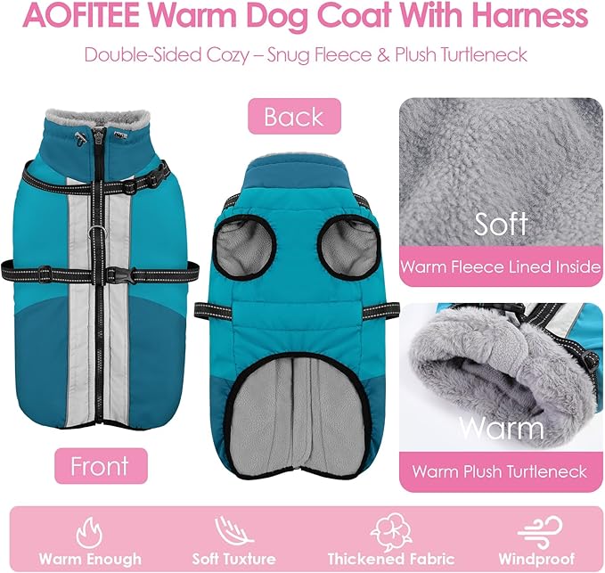 AOFITEE Large Dog Coat, Waterproof Dog Jackets with Harness, Warm Fleece Lined Pet Coat for Large Dogs Snowsuit, Zip Up Jackets for Dogs for Cold Weather for Golden Retriever, Weimaraner, PineGreen2XL