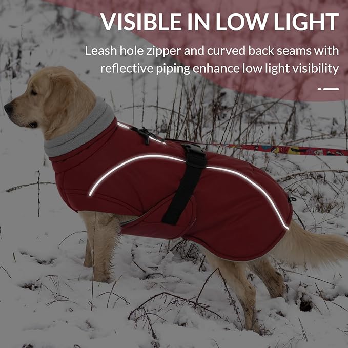 Queenmore XXL Dog Coat, Winter Jacket for Large Dogs, Waterproof Puffy Snowsuit, Adjustable Reflective Fleece Lining Warm Padding Parka for Cold Weather, Red 2XL