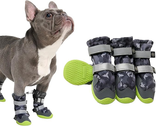 Spark Paws Dog Shoes, Waterproof Dog Boots for Medium to Large Dogs, Non Slip, Breathable Dog Booties and Paw Protectors - 4PCS Doggie Hiking Boots with Reflective Straps, Gray Camo, Size 4