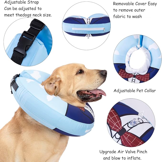 Inflatable Dog Cone Collar,Waterproof Soft Dog Donut Cone for Large Medium Small Dogs Cats, Recovery Pet E-Collar Alternatives After Surgery (Suit Blue, Medium+)