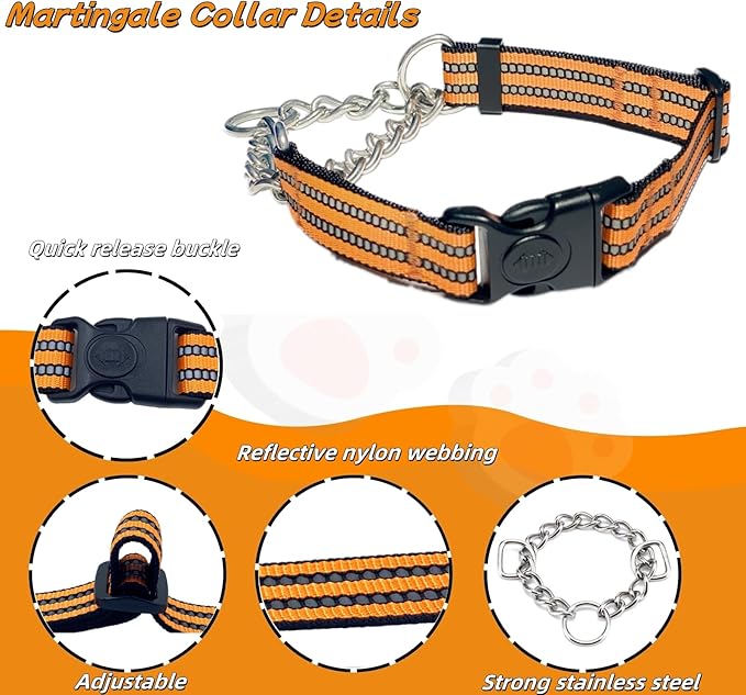 Martingale Dog Collars, Reflective Nylon Collar with Stainless Steel Chain, Adjustable Walking Training Dog Collars with Quick Release Buckle, Suitable for Small Medium Large Dogs(Orange,S)