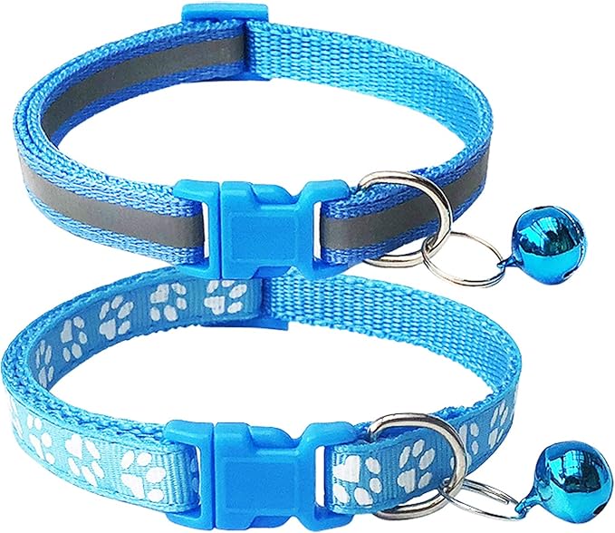 CHBORCHICEN 2-Pack Footprint & Reflective Cat Collar with Bell Basic Dog Cat Collar Buckle Adjustable Polyester Cat Dog Collar or Seatbelts (Small, Sky Blue)