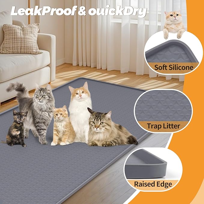Cat Litter Mat, Extra Large 51" x 25.6" Silicone Mat Litter Trapping Mat for Scatter Control, Soft on Kitty Paws, Easy to Clean (Dark Grey)