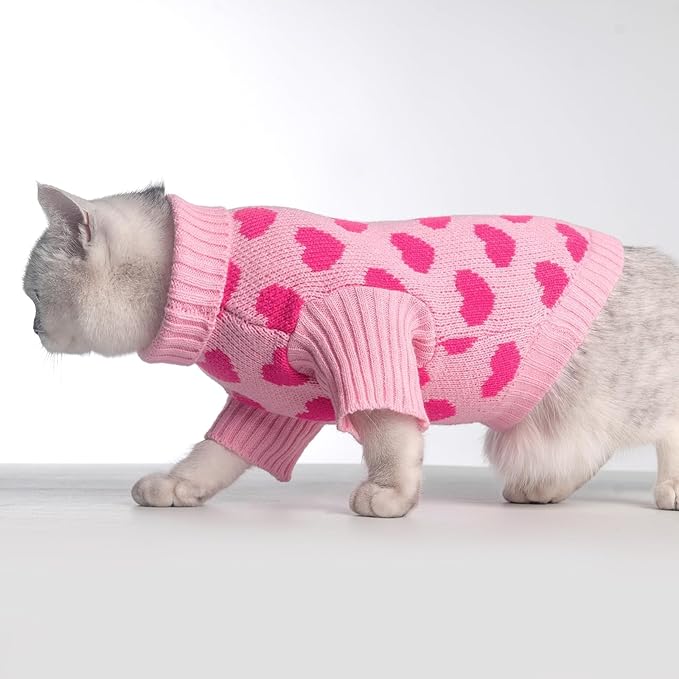 KOOLTAIL Cat Sweater Turtleneck- Soft Pink Knit Cat Sweaters for Cats Only, Heart Love Pattern Thick Warm Cold Weather Clothes, Valentine's Day Pet Outfit for Small Medium Size Kitten Puppy Girls S