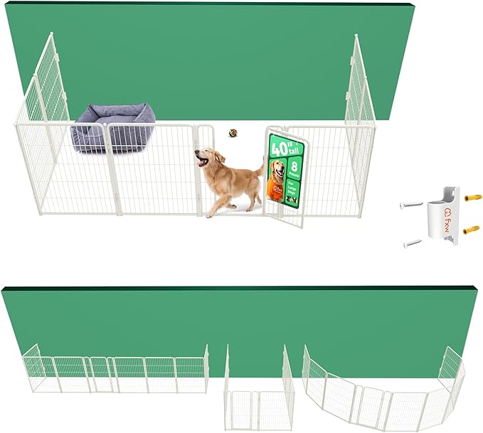 FXW Homeplus Unleashed Indoor Dog Playpen - Stress-Free and Safe Play, Heavy Duty 40 Inch 8 Panels with Fence-to-Wall Anchor (Pack of 4) for Medium and Large Dogs, White│Patented