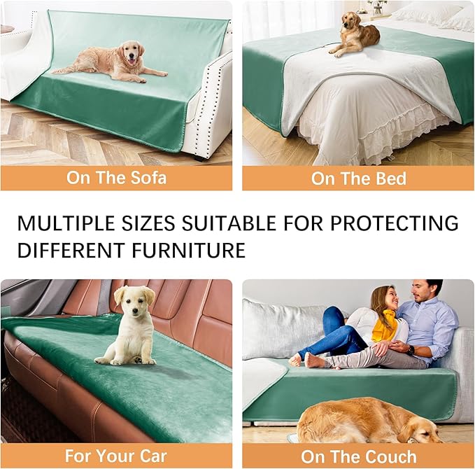 Waterproof Blanket for Bed Protection, Washable Dog Blankets for Couch, Soft Reversible Pet Throw Furniture Protector Cover for Sofa-82"x120",Green+Cream