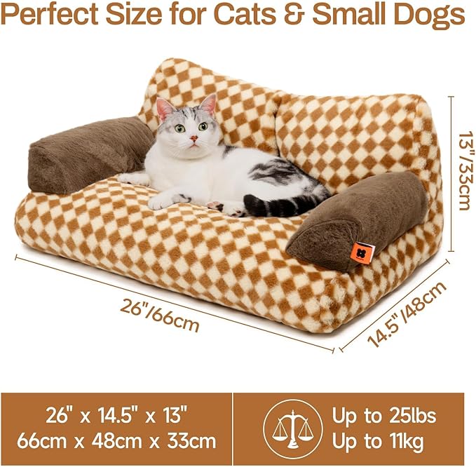 MEWOOFUN Cat Bed for Indoor Cats, Washable Dog Beds for Small Medium Dogs & Cats, Fluffy Cat Couch with Non-Slip Bottom, 26×19×13 Inch (Brown, 26.0" L x 19.0" W x 13.0" Th)