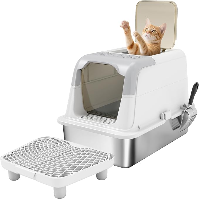 PawHut Stainless Steel Litter Box, Extra Large Enclosed Cat Litter Box with Front-Entry and Top-Exit, Scoop, Deodorizer Bag, Sand Drop Pedal, Anti-Urine Leakage, Non-Sticky and Easy to Clean