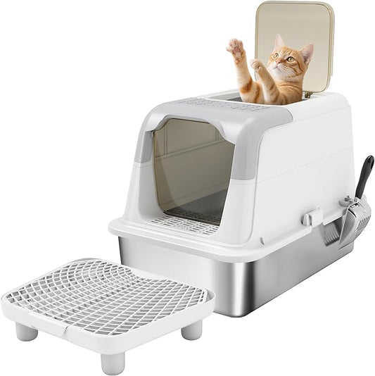 PawHut Stainless Steel Litter Box, Extra Large Enclosed Cat Litter Box with Front-Entry and Top-Exit, Scoop, Deodorizer Bag, Sand Drop Pedal, Anti-Urine Leakage, Non-Sticky and Easy to Clean