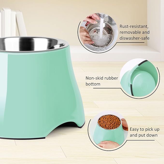 Dog Bowls,Cone Friendly Non-Slip Single Dog Bowl with Stainless Steel Inner, Raised Bowls for Small and Medium Dogs Spaniel Dogs Long Ear, High Capacity, L/3 Cups Mint Green