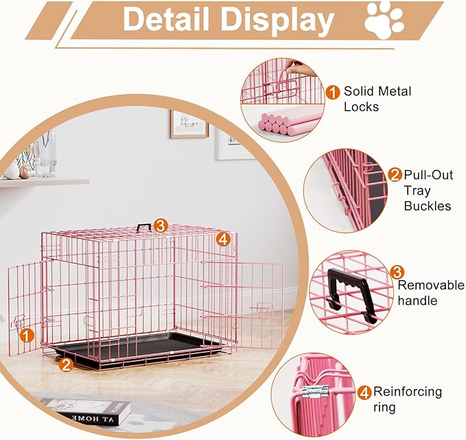 FDW 24inch Dog Crate Pet Cage with Metal Folding Design Plastic Tray Indoor Outdoor Dog Kennel Cage for Small Dogs,Pink