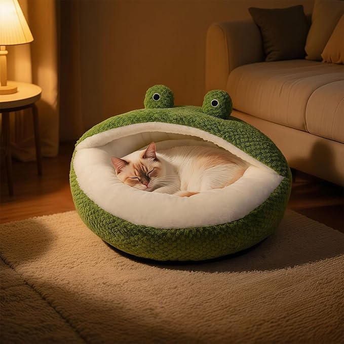 CWV Cute Cat Beds Kitten Beds, Soft Small Dog Beds, Washable Pet Beds for Puppy and Kitty, Funny Frog Cat Cave, 23 Inches
