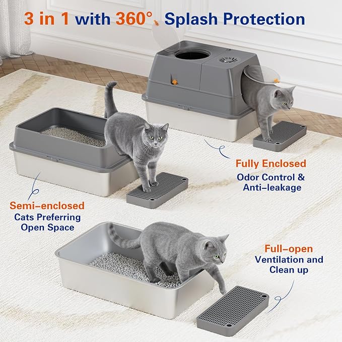 Front & Top Entry Stainless Steel Litter Box with Lid,Cat Litter Box Enclosure,Extra Large Enclosed,Non-Sticky Metal Pan,Anti-Leakage,Odor Control,Easy Clean,Covered for Indoor Cats,Includes Scoop Set