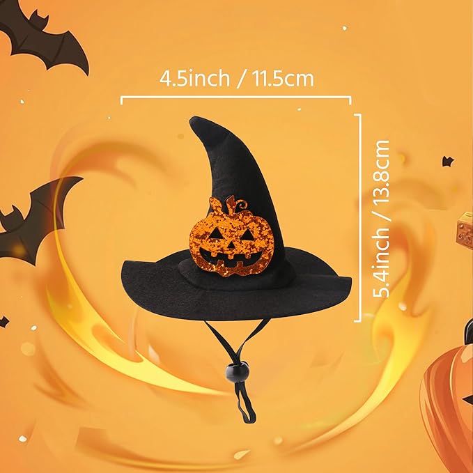 Halloween Pet Costume, Witch Hat for Cats Dogs, Black Adjustable Wizard Hat with Pumpkin Design, Witch Accessories for Small Medium Pets