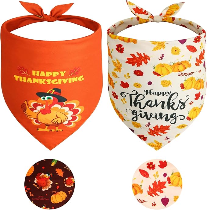 Thanksgiving Dog Bandanas Small 2PCS, Triangle Reversible Holiday Scarf for Boy and Girl, Fall Autumn Bibs Accessories