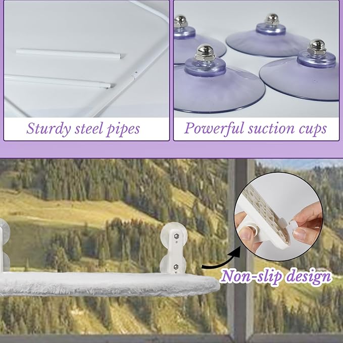 2 PCS Cat Window Perch (Medium 20.4''×11.8'') - Machine Washable Cover, 4 Large Suction Cups, Solid Metal Frame - Cordless Foldable Hammock for Indoor Cats (2×Grey)