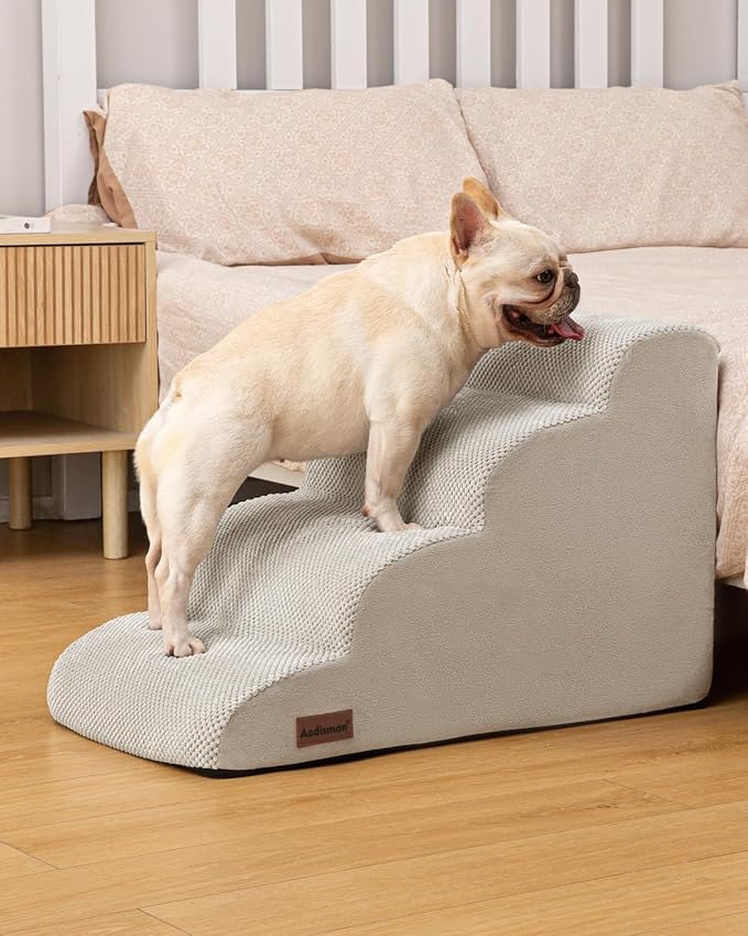 Dog Stairs Ramp for Bed and Couch,4 Step Dog Steps for Small Dogs,Pet Stairs with Non-Slip Bottom for Old Cats,Indoor Pet Steps,Comfort,Durable,17.4" H,Light Grey