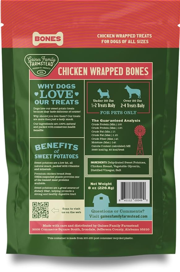 Gaines Family Farmstead Chicken Wrapped Sweet Potato Dog Bones - 8 oz Bag, Natural, Grain-Free Dog Treats for All Ages & Breeds, Great for Training and Rewards, Made in USA
