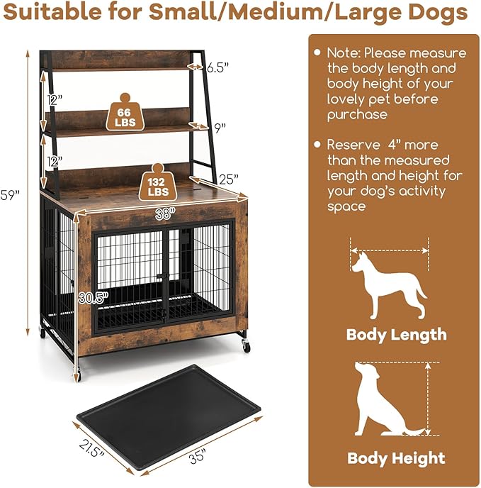 Giantex 38" Dog Crate Furniture with Storage Shelves, Wooden Dog Kennel End Table with Flip Top, 3 Doors, Wheels & Pull-Out Tray, Chew-Resistant Indoor Pet Crate House for Large Dogs, Rustic Brown