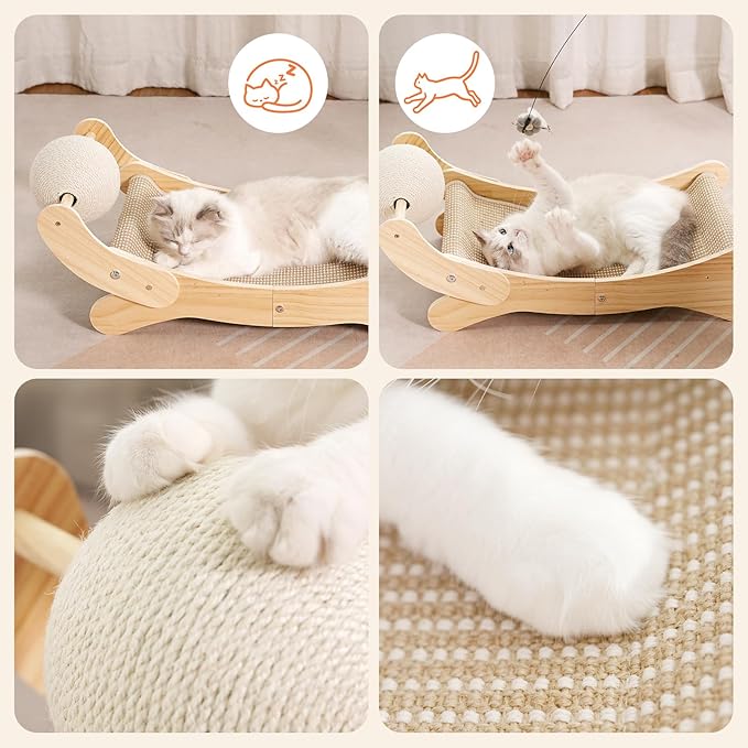 Cat Scratcher Bed Natural Sisal Cat Scratch Chair Hammock 27.5 Inch Extra Large Scratching Post Lounger Pad with Large Sisal Toy Ball for Indoor Cats