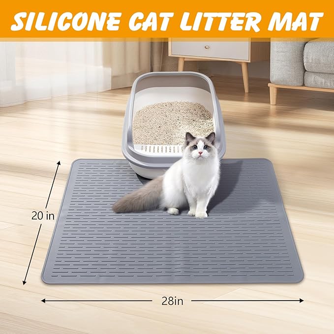 Silicone Cat Litter Mat, 28x20 in Waterproof Litter Box Mat Cats Feeding Mats with Raised Edges, Quick Clean Desig (Grey)