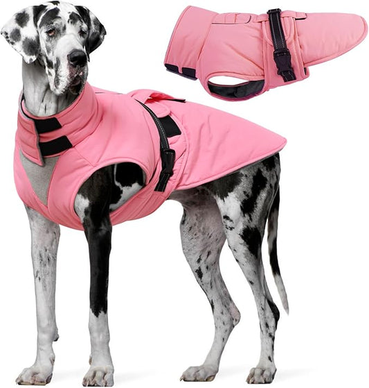 Extra Large Dog Coat, Warm Dog Winter Jacket, Waterproof Dogs Snowsuit with Foldable High Collar, Reflective Strips, Adjustable Hook & Loop Closure - Ideal for Cold Weather - Pink 4XL