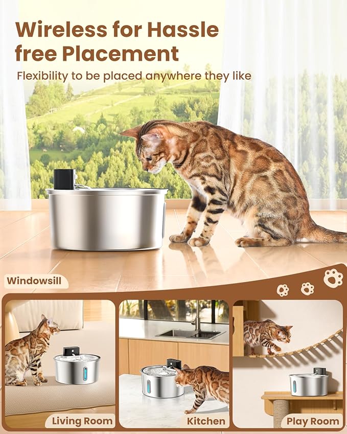 Wireless Cat Water Fountain Stainless Steel - 3.2L/108oz Cordless Pet Water Fountain Battery Operated Cats Water Dispenser Silent Rechargeable Automatic Fountain with 6 Filters 3 Sponges