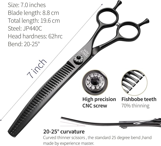 Fenice Peak Professional Dog Grooming Scissors Pet Curved Chunker Shears 7.0'' Extremely Sharp Blades 440C Steel Thinning Scissors Durable Smooth Motion & Fine Cut for Dogs and Cats(Black)