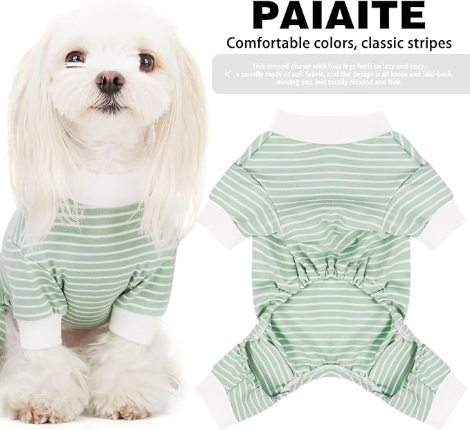 Paiaite Green Striped Dog Pajamas: 4-Legged Cotton Stretchable Jumpsuit Pjs - Lightweight Cozy Puppy Onesie Clothes, Comfortable Pet Sleepwear for Hair Shedding Coverage L