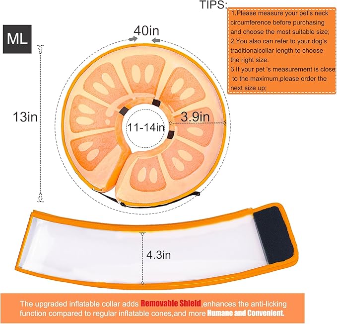 Inflatable Dog Cone Collar for Large Medium Small Dogs, Soft Dog Donut Collar Adjustable Recovery Cone for Pets After Surgery, Extra Enhanced Anti-Licking Guard Shield for Pets (ML, Orange)