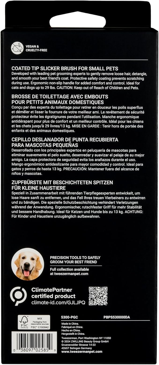 Tweezerman Dog and Cat Slicker Brush for Small Pets, Grooming Brush with Coated Bristles to Prevent Scratching and Ergonomic Handle