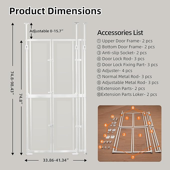 Extra Tall Pet Gate Indoor 74.80-98.43'' High, Clear Dog Gate Acrylic 33.86-41.34 Wide Cat Door, Auto Close No Drilling Cat Proof Safety Gate for Doorways Stairs House- White