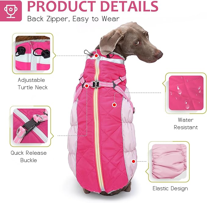 Dog Winter Coat with Harness, Dog Jacket, Pet Clothes with Zipper on Back, Waterproof Windproof Warm Vest, Reflective Cold Weather Coats, for Small Medium Large Dogs, Thick, Pink,XS