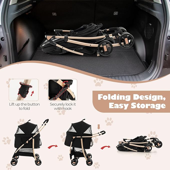 PETSITE 3-in-1 Pet Stroller, Portable Folding Dog Cat Stroller with Removable Car Seat Carrier, Adjustable Canopy, Zippered Mesh Entry and Storage Basket, Ideal for Small or Medium Sized Dogs
