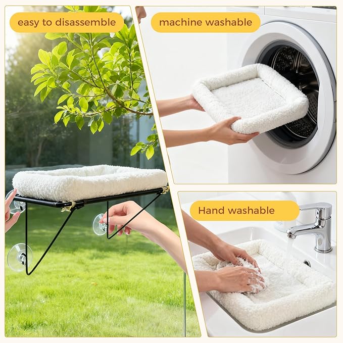 Cat Window Perch, Cordless Cat Hammock Window Seat with Sturdy Metal Frame Supports and 4 Strong Suction Cups (White, Short Hair)